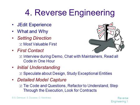 © S. Demeyer, S. Ducasse, O. Nierstrasz Reverse Engineering.1 4. Reverse Engineering JEdit Experience What and Why Setting Direction  Most Valuable First.