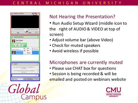 Not Hearing the Presentation? Run Audio Setup Wizard (middle icon to the right of AUDIO & VIDEO at top of screen) Adjust volume bar (above Video) Check.