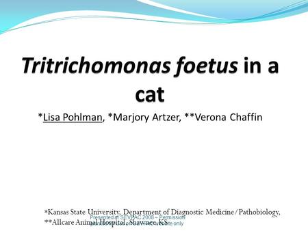 *Lisa Pohlman, *Marjory Artzer, **Verona Chaffin * Kansas State University, Department of Diagnostic Medicine/Pathobiology, **Allcare Animal Hospital,