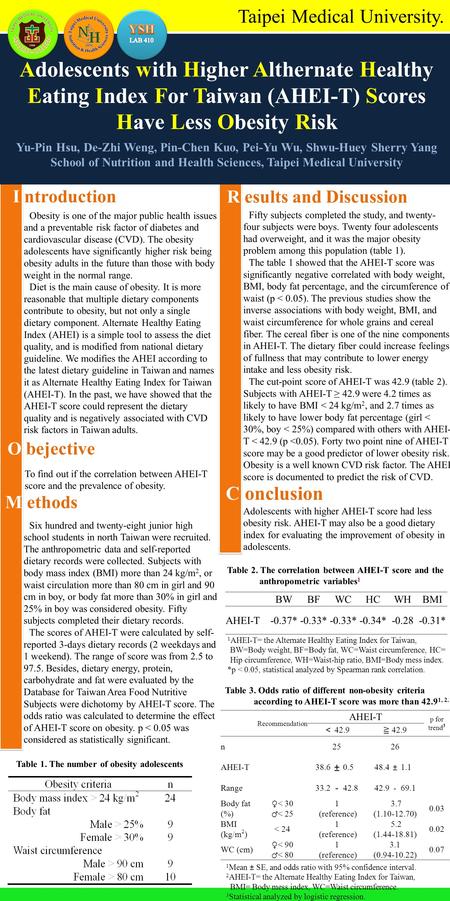 Taipei Medical University. Adolescents with Higher Althernate Healthy Eating Index For Taiwan (AHEI-T) Scores Have Less Obesity Risk Yu-Pin Hsu, De-Zhi.