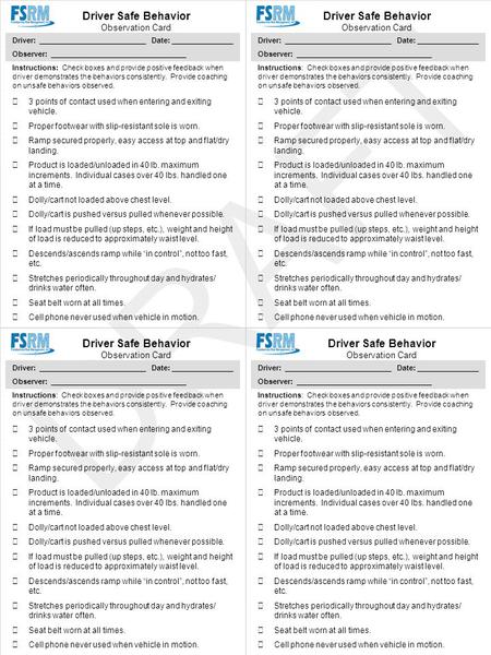 Driver Safe Behavior Observation Card Driver: __________________________Date: _______________ Observer: _________________________________  3 points of.