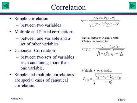 Xuhua Xia Slide 1 Correlation Simple correlation –between two variables Multiple and Partial correlations –between one variable and a set of other variables.