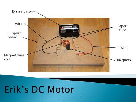 - wire + wire D size battery Magnet wire coil magnets Paper clips Support board.