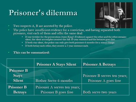 Prisoner's dilemma Two suspects A, B are arrested by the police.Two suspects A, B are arrested by the police. The police have insufficient evidence for.