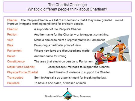 Broadwater School History Department 1 The Chartist Challenge What did different people think about Chartism? CharterThe Peoples Charter – a list of six.