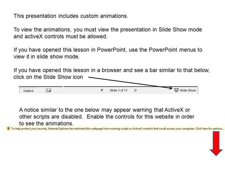 This presentation includes custom animations. To view the animations, you must view the presentation in Slide Show mode and activeX controls must be allowed.