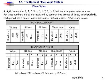 Place Value A digit is a number 0, 1, 2, 3, 4, 5, 6, 7, 8, or 9 that names a place-value location. For large numbers, digits are separated by commas into.