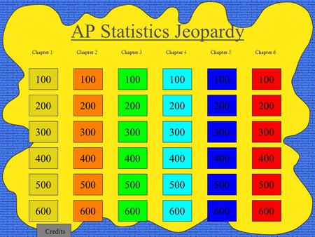 100 200 300 400 Chapter 2Chapter 3Chapter 4Chapter 5Chapter 6 AP Statistics Jeopardy Chapter 1 500 600 100 200 300 400 500 600 100 200 300 400 500 600.