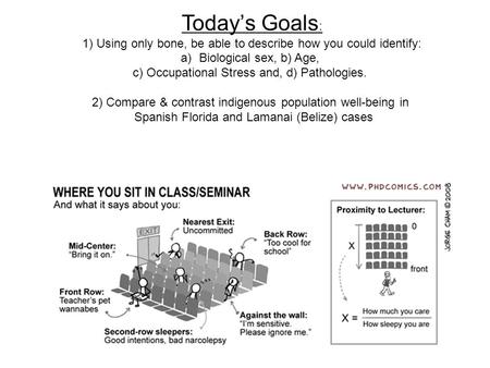 Today’s Goals : 1) Using only bone, be able to describe how you could identify: a)Biological sex, b) Age, c) Occupational Stress and, d) Pathologies. 2)