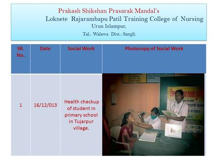 Prakash Shikshan Prasarak Mandal’s Loknete Rajarambapu Patil Training College of Nursing Urun Islampur, Tal.: Walawa Dist.: Sangli. SR. No. DateSocial.