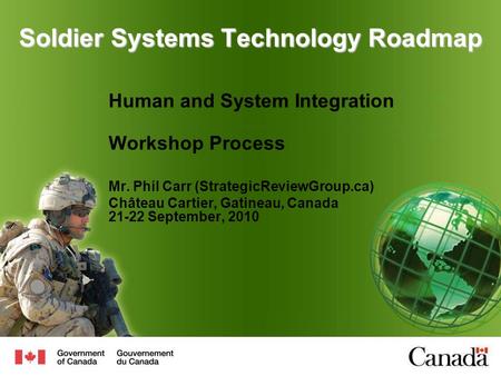 Soldier Systems Technology Roadmap Human and System Integration Workshop Process Mr. Phil Carr (StrategicReviewGroup.ca) Château Cartier, Gatineau, Canada.