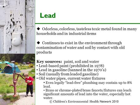 Lead  Odorless, colorless, tasteless toxic metal found in many households and in industrial items  Continues to exist in the environment through contamination.