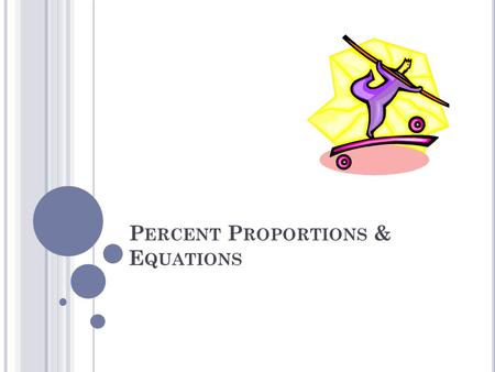 P ERCENT P ROPORTIONS & E QUATIONS. P ERCENT P ROPORTIONS … Write percent as a fraction Write “is” over “of” Create proportion Cross multiply then divide.