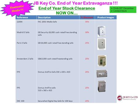 JB Key Co. End of Year Extravaganza !!! ReferenceDescription% DiscountProduct Images 22004 Madrid 3 Safe Paris 3 Safe Amsterdam 2 Safe FP3 FP5 DKC 100.