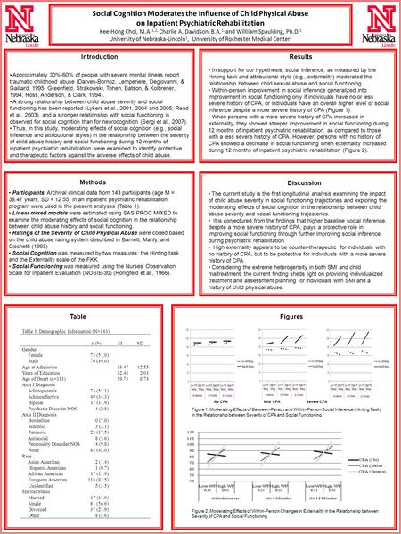 Social Cognition Moderates the Influence of Child Physical Abuse on Inpatient Psychiatric Rehabilitation Kee-Hong Choi, M.A. 1,2, Charlie A. Davidson,