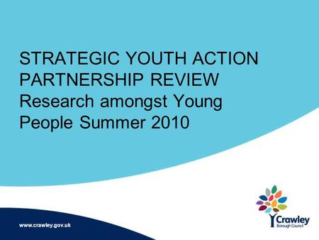 STRATEGIC YOUTH ACTION PARTNERSHIP REVIEW Research amongst Young People Summer 2010 www.crawley.gov.uk.