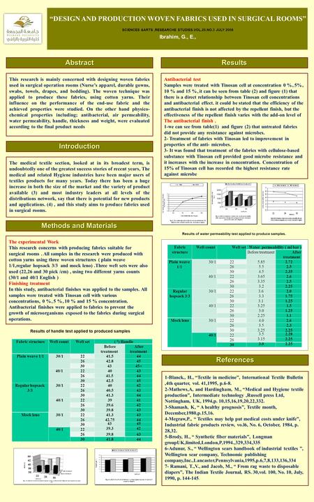 “DESIGN AND PRODUCTION WOVEN FABRICS USED IN SURGICAL ROOMS” SCIENCES &ARTS,RESEARCHE STUDIES.VOL.20.NO.3 JULY 2008 Ibrahim, G., E., Abstract This research.