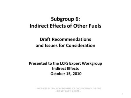 Subgroup 6: Indirect Effects of Other Fuels Draft Recommendations and Issues for Consideration Presented to the LCFS Expert Workgroup Indirect Effects.