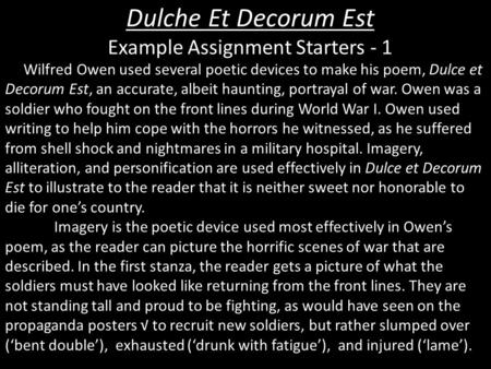 Dulche Et Decorum Est Example Assignment Starters - 1