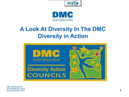 1 DMC HR Department Detroit Medical Center© Revised: January, 2010 A Look At Diversity In The DMC Diversity in Action.