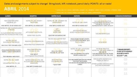 ABRIL 2014 * TOPICS: UN 3 CH 1 ESTAR + EMOTIONS, ACABAR + DE + INFINITIVE (SIMPLE PAST), GUSTA(N), A PHRASES, VENIR * TOPICS: UN 3, CH 2 JUGAR, SPORTS,