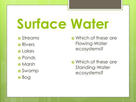 Surface Water  Streams  Rivers  Lakes  Ponds  Marsh  Swamp  Bog  Which of these are Flowing-Water ecosystems?  Which of these are Standing-Water.