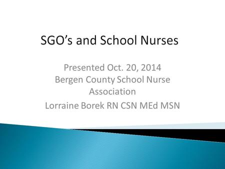 Presented Oct. 20, 2014 Bergen County School Nurse Association Lorraine Borek RN CSN MEd MSN.