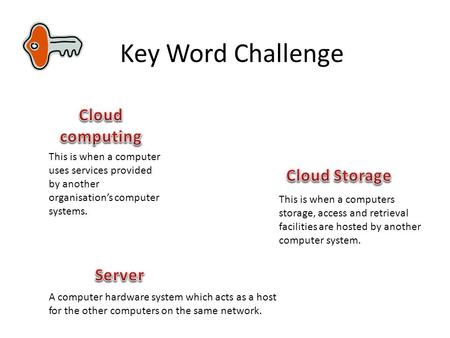 Key Word Challenge This is when a computer uses services provided by another organisation’s computer systems. A computer hardware system which acts as.