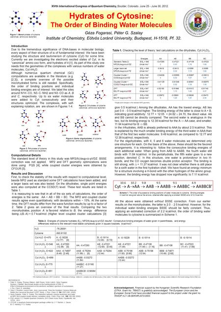 Hydrates of Cytosine: The Order of Binding Water Molecules Géza Fogarasi, Péter G. Szalay Institute of Chemistry, Eötvös Loránd University, Budapest, H-1518,