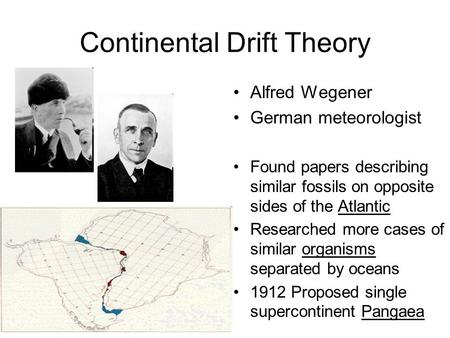 Continental Drift Theory Alfred Wegener German meteorologist Found papers describing similar fossils on opposite sides of the Atlantic Researched more.