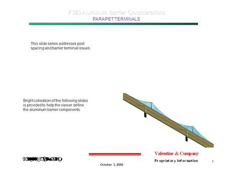 October 3, 2006 PARAPET TERMINALS 1 This slide series addresses post spacing and barrier terminal issues. Bright coloration of the following slides is.