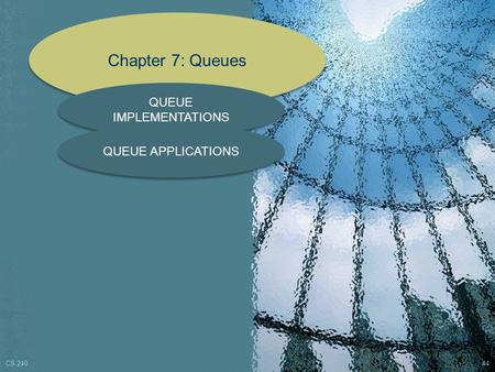 Chapter 7: Queues QUEUE IMPLEMENTATIONS QUEUE APPLICATIONS CS 240 44.