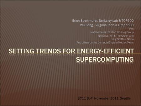 Erich Strohmaier, Berkeley Lab & TOP500 Wu Feng, Virginia Tech & Green500 with Natalie Bates, EE HPC Working Group Nic Dube, HP & The Green Grid Craig.