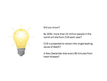 Did you know? By 2030, more than 23 million people in the world will die from CVD each year? CVD is projected to remain the single leading cause of death?