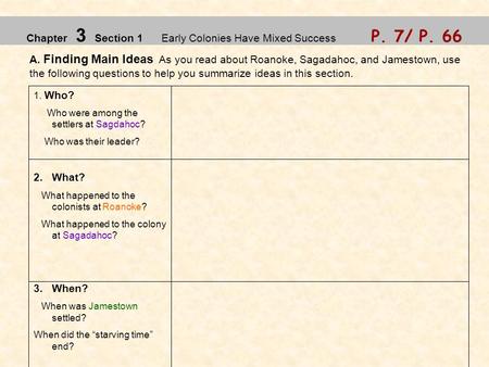 Chapter 3 Section 1 Early Colonies Have Mixed Success P. 7/ P. 66