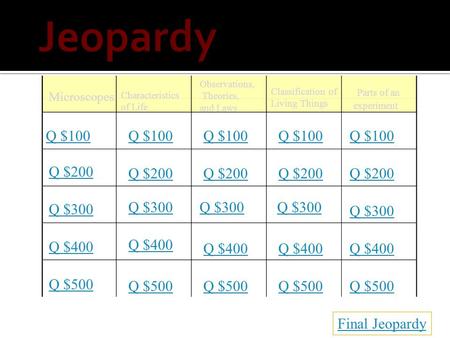 Microscopes Characteristics of Life Observations, Theories, and Laws Classification of Living Things Parts of an experiment Q $100 Q $200 Q $300 Q $400.