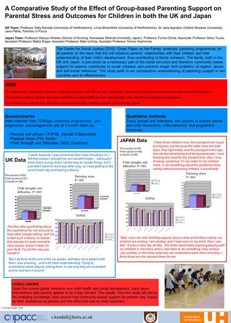 A Comparative Study of the Effect of Group-based Parenting Support on Parental Stress and Outcomes for Children in both the UK and Japan UK Team: Professor.