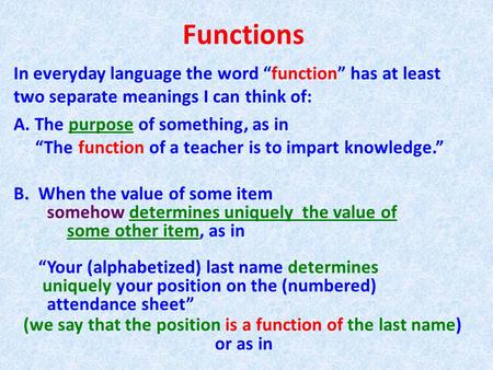 Functions In everyday language the word “function” has at least two separate meanings I can think of: A. The purpose of something, as in “The function.