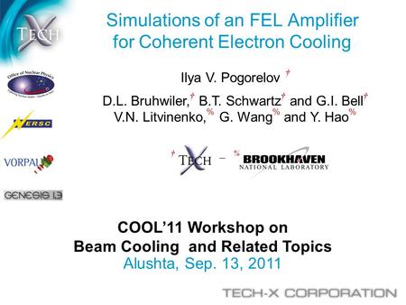 COOL’11 Workshop on Beam Cooling and Related Topics Alushta, Sep. 13, 2011 Simulations of an FEL Amplifier for Coherent Electron Cooling Ilya V. Pogorelov.