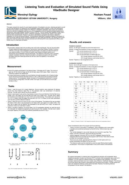 Listening Tests and Evaluation of Simulated Sound Fields Using VibeStudio Designer Wersényi György Hesham Fouad SZÉCHENYI ISTVÁN UNIVERSITY, Hungary VRSonic,