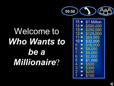 15 14 13 12 11 10 9 8 7 6 5 4 3 2 1 $1 Million $500,000 $250,000 $125,000 $64,000 $32,000 $16,000 $8,000 $4,000 $2,000 $1,000 $500 $300 $200 $100 Welcome.