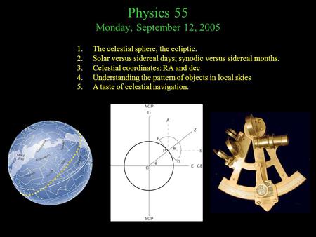 Physics 55 Monday, September 12, 2005 1.The celestial sphere, the ecliptic. 2.Solar versus sidereal days; synodic versus sidereal months. 3.Celestial coordinates: