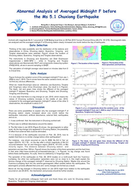 Abnormal Analysis of Averaged Midnight F before the Ms 5.1 Chuxiong Earthquake Rong Zhu 1, Dong-mei Yang 1, Yan Zhang 2, Jian-jun Wang 3, Yu-fei He 1 1.