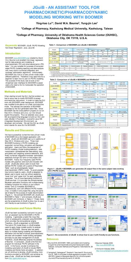 JGuiB - AN ASSISTANT TOOL FOR PHARMACOKINETIC/PHARMACODYNAMIC MODELING WORKING WITH BOOMER Ying-hao Lu 1 *, David W.A. Bourne 2, Yung-jin Lee 1 1 College.