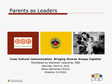 Parents as Leaders Cross Cultural Communication: Bringing Diverse Groups Together Facilitated by Wenonah Valentine, MBA Saturday, March 6, 2010 Edison.