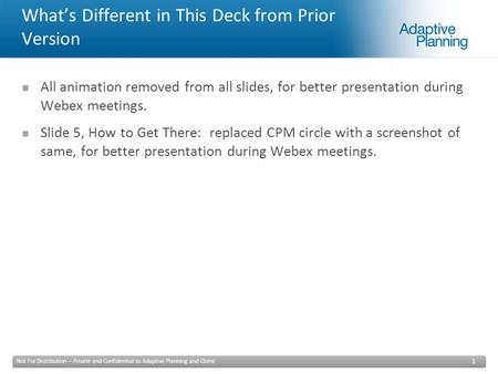 Not For Distribution – Private and Confidential to Adaptive Planning and Client 1 All animation removed from all slides, for better presentation during.