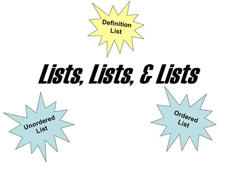 Lists, Lists, & Lists Unordered List Ordered List Definition List.