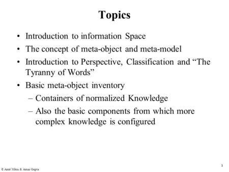 1 © Amit Mitra & Amar Gupta Topics Introduction to information Space The concept of meta-object and meta-model Introduction to Perspective, Classification.