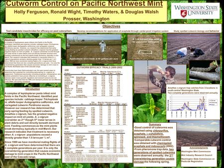 Abstract A complex of lepidopteran pests infests mint fields in the Pacific Northwest. Identified pest species include: cabbage looper (Trichoplusia ni),