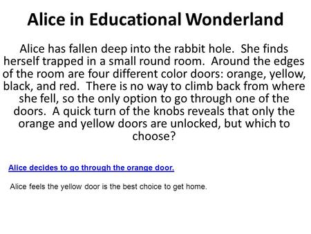 Alice in Educational Wonderland Alice has fallen deep into the rabbit hole. She finds herself trapped in a small round room. Around the edges of the room.